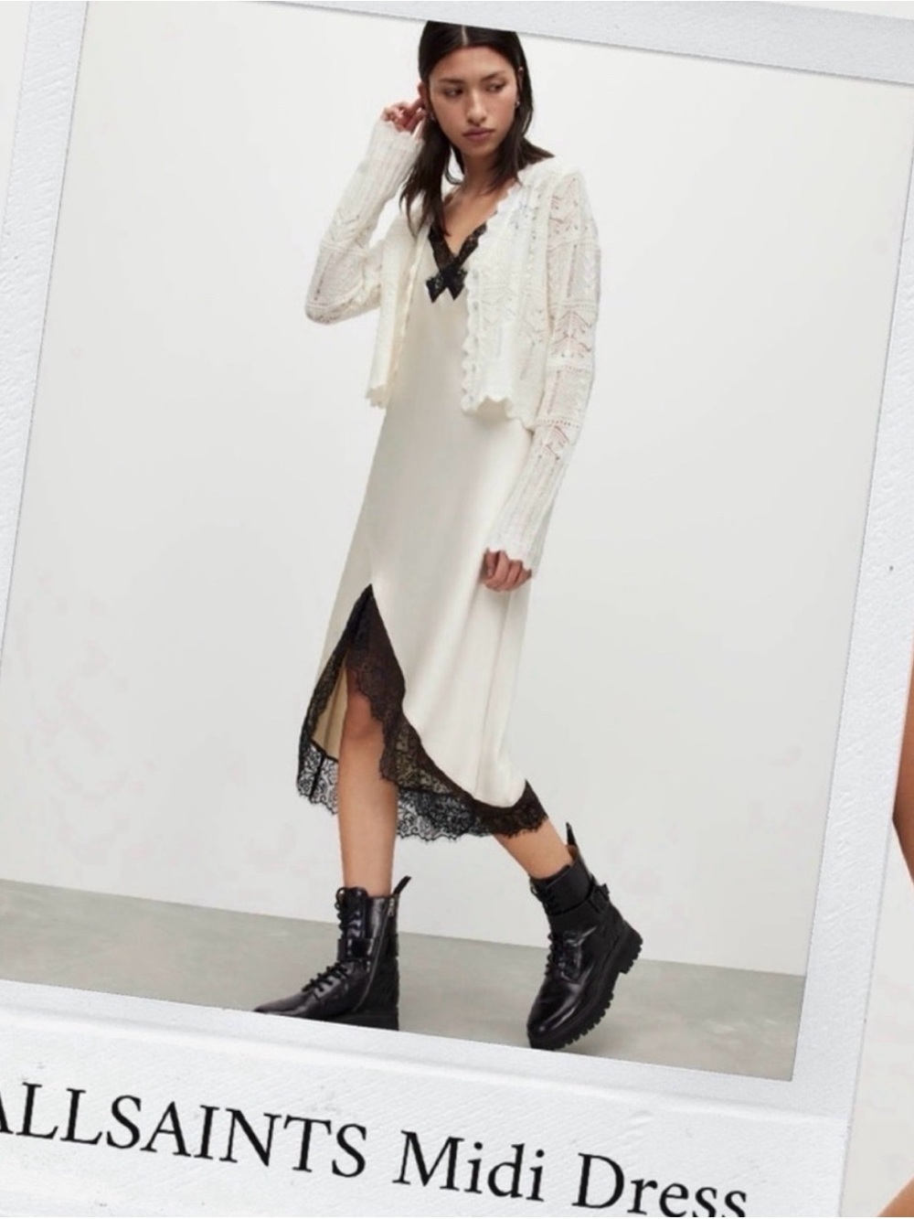 NWT: All Saints Cream Slip Midi Dress with Black Lace Hem